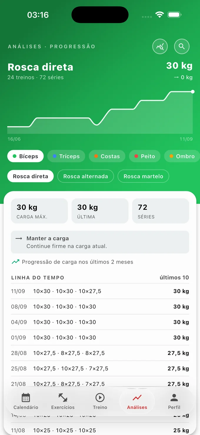 Gráfico de evolução de carga de um exercício no Meu Progresso