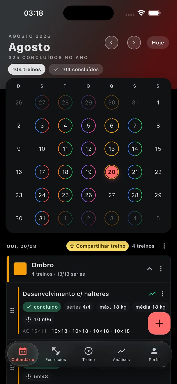 Calendário de treinos exibido no tema escuro