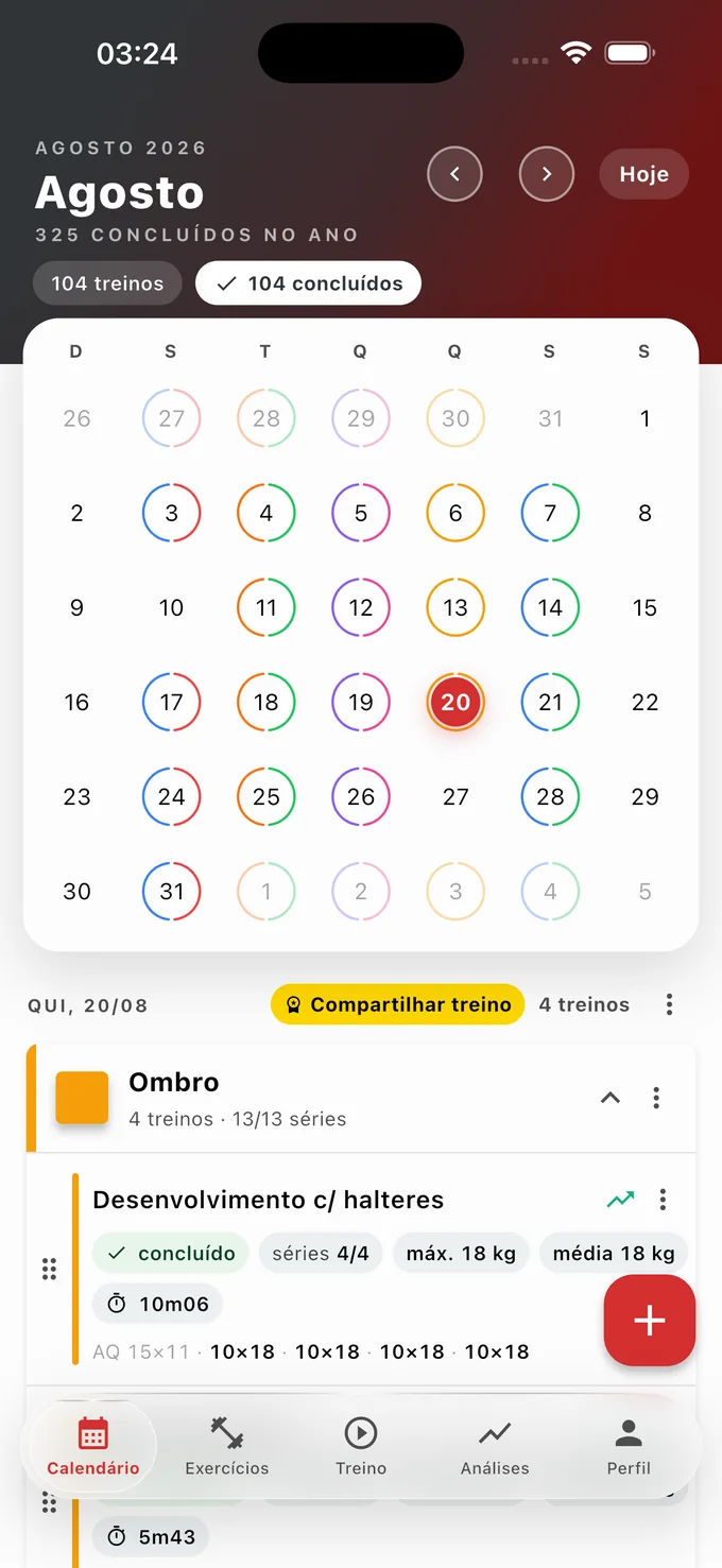 Calendário filtrado pelos treinos concluídos do mês