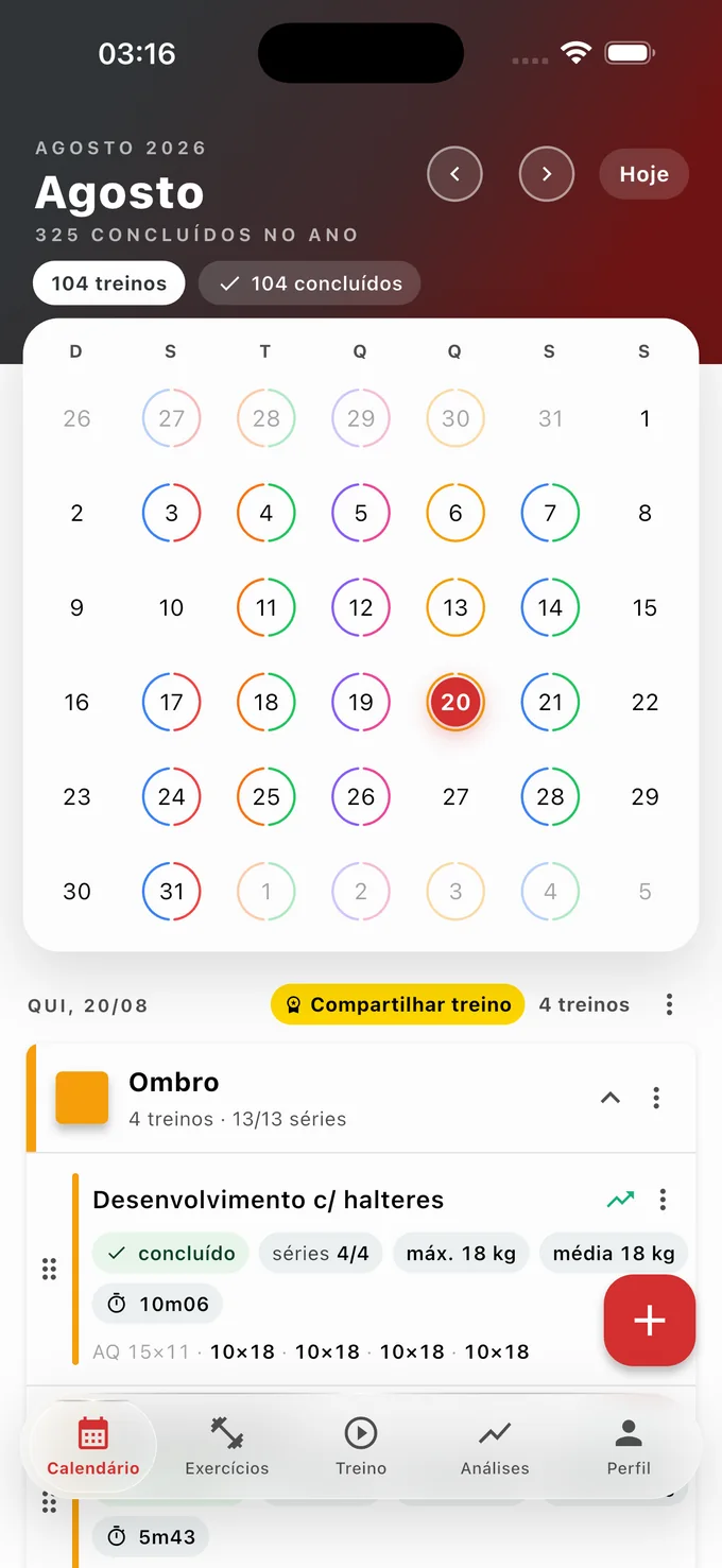 Calendário do Meu Progresso com os treinos do mês marcados por grupo muscular