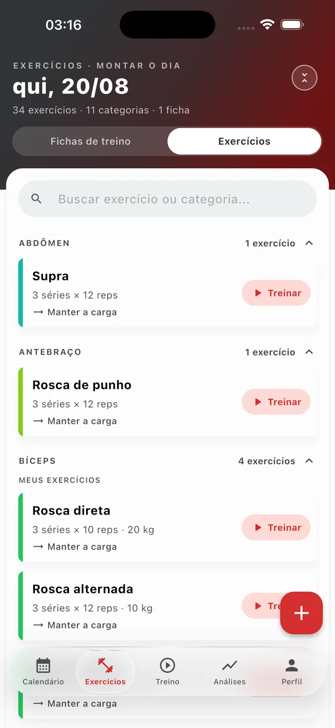 Lista de exercícios organizada por grupo muscular