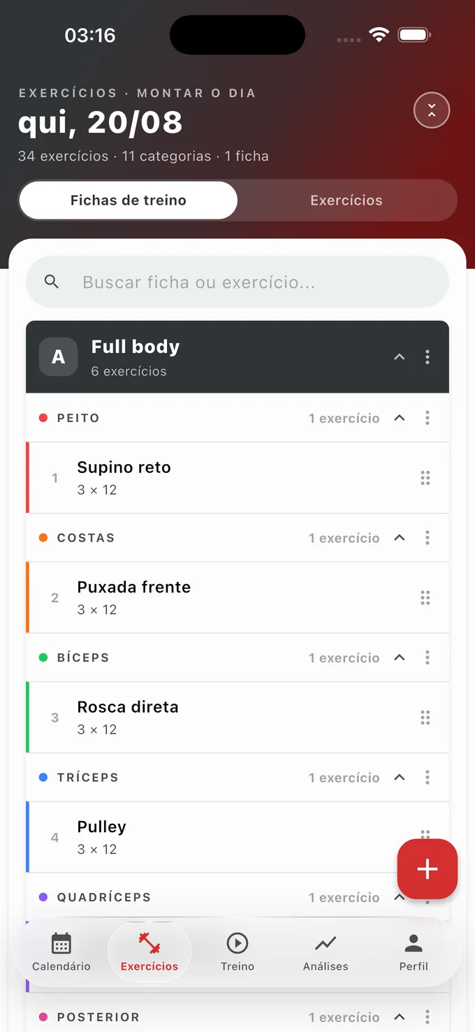 Fichas de treino com os exercícios agrupados e reordenáveis