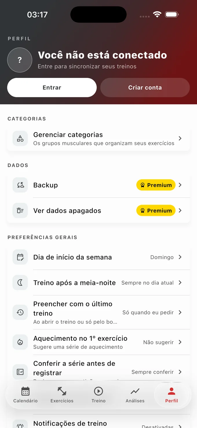 Aba Perfil com conta, categorias e preferências de treino