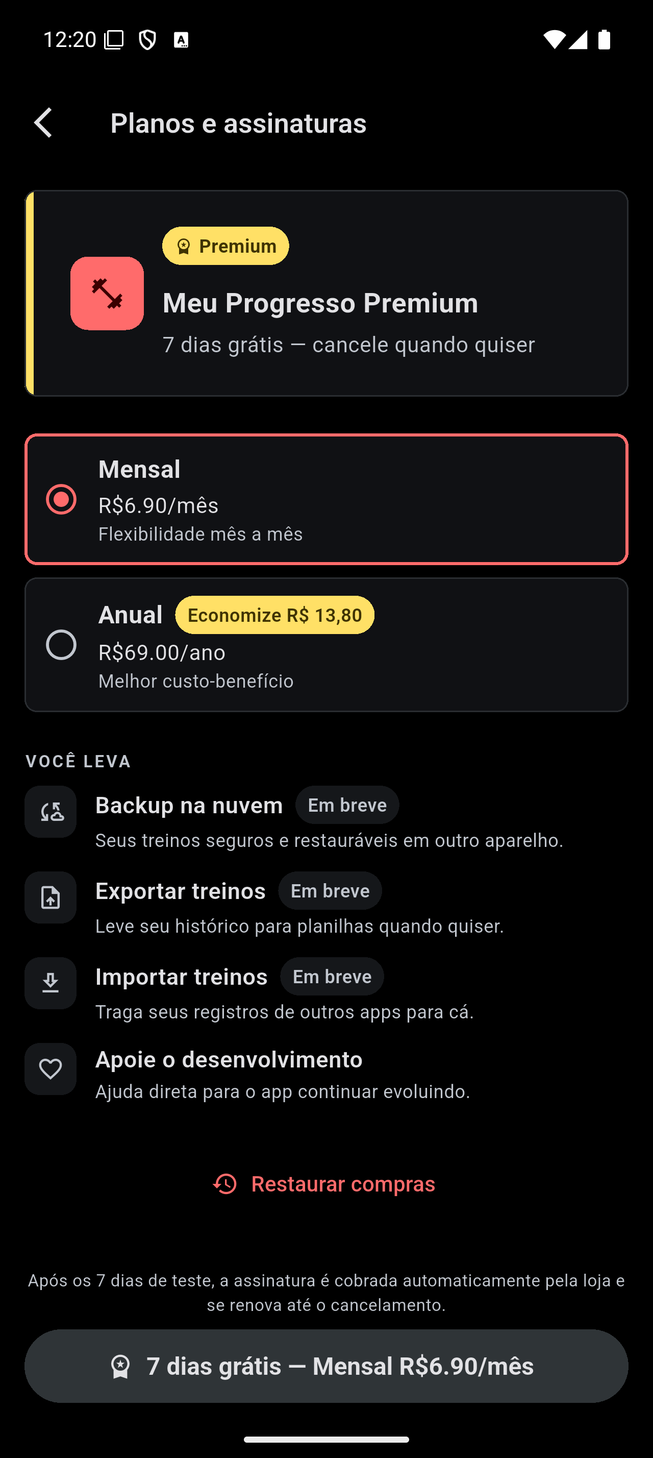 Tela de planos do Meu Progresso Premium