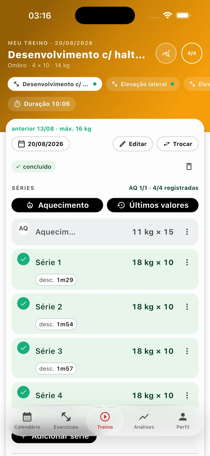 Tela de treino do Meu Progresso com as séries registradas e os cronômetros