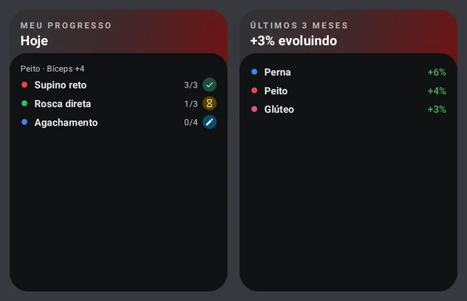 Os dois widgets do Meu Progresso: o treino de hoje e a evolução por músculo